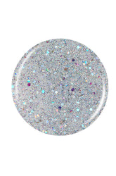 A circular color swatch of China Glaze nail lacquer with sprinkled rainbow specks texture